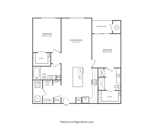 Floor plan for 2 beds, 2 baths, 1152 sqft